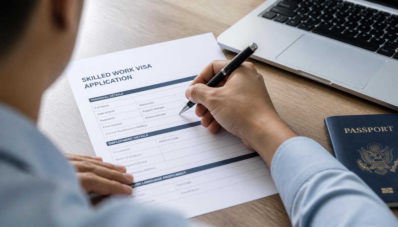 A person completing an Australian skilled work visa application form at a desk with a passport and laptop
