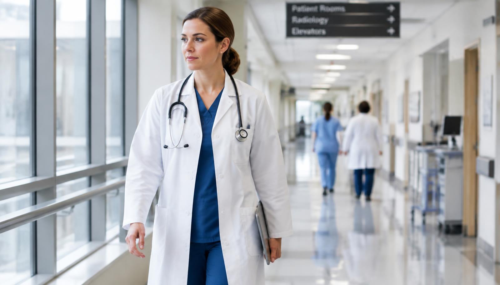 A doctor in a white coat walking through a bright hospital corridor
