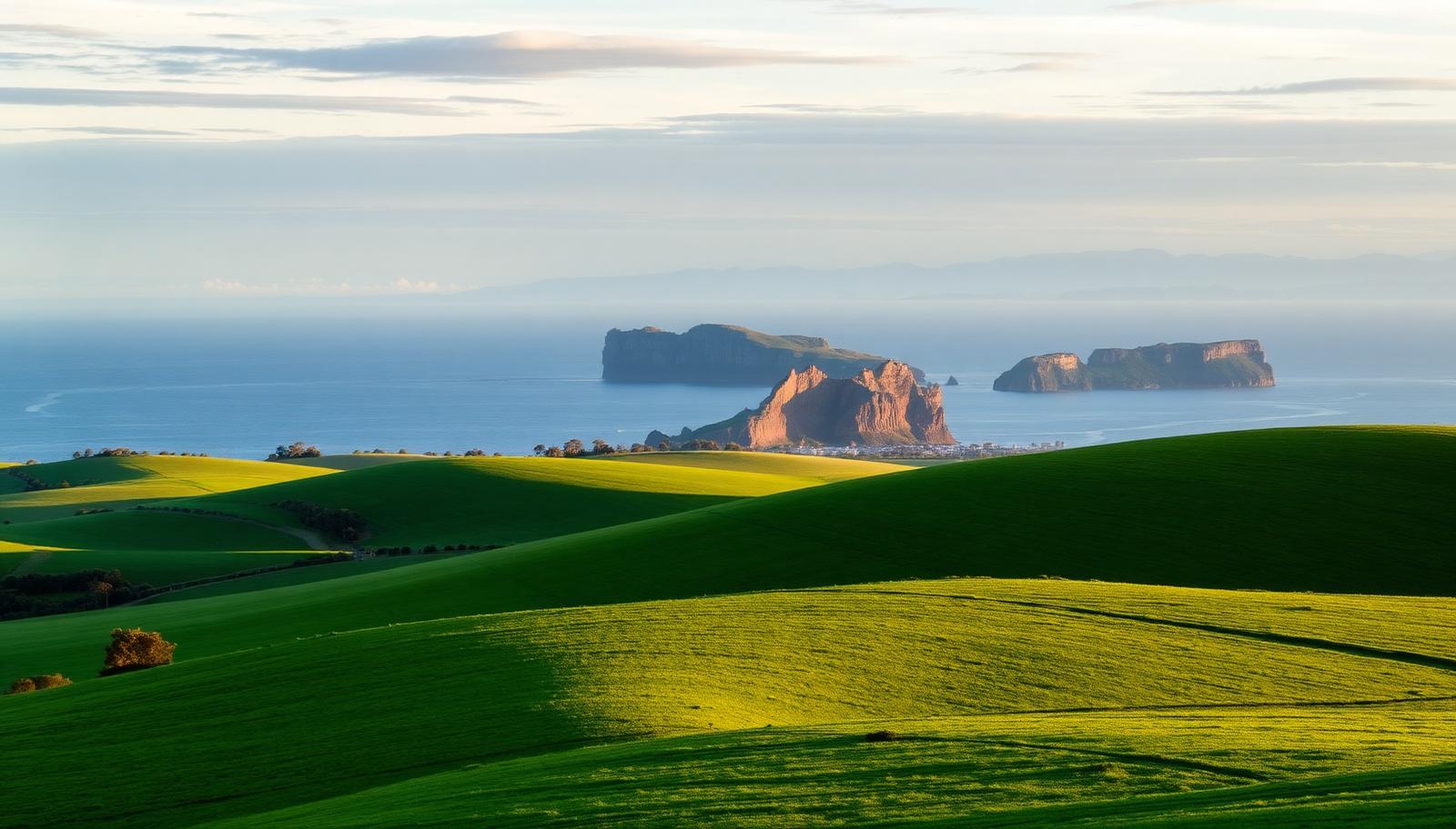 Rolling green farmland meeting the coastline in the Gippsland region of Victoria, Australia
