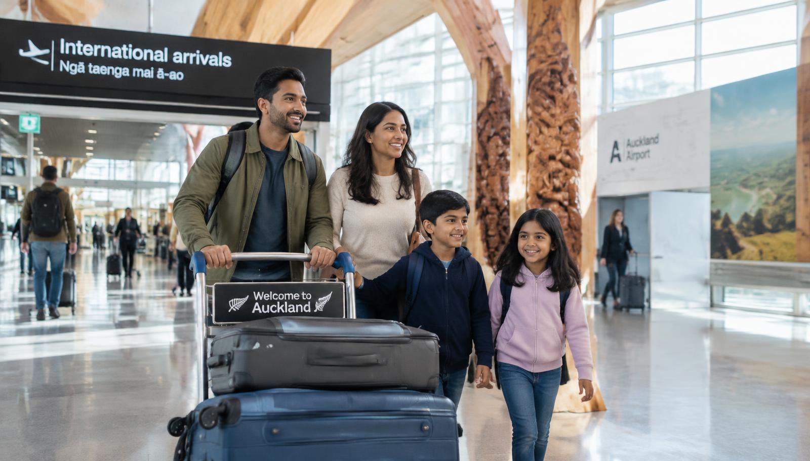 An Indian family with luggage arriving at Auckland Airport international arrivals
