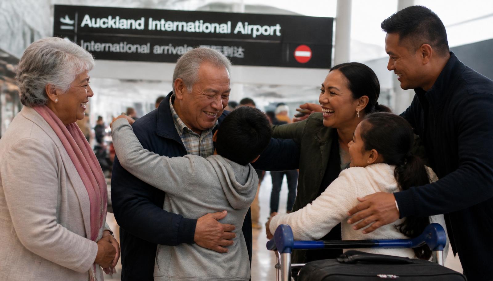 An elderly couple being warmly greeted by family members at Auckland International Airport arrivals
