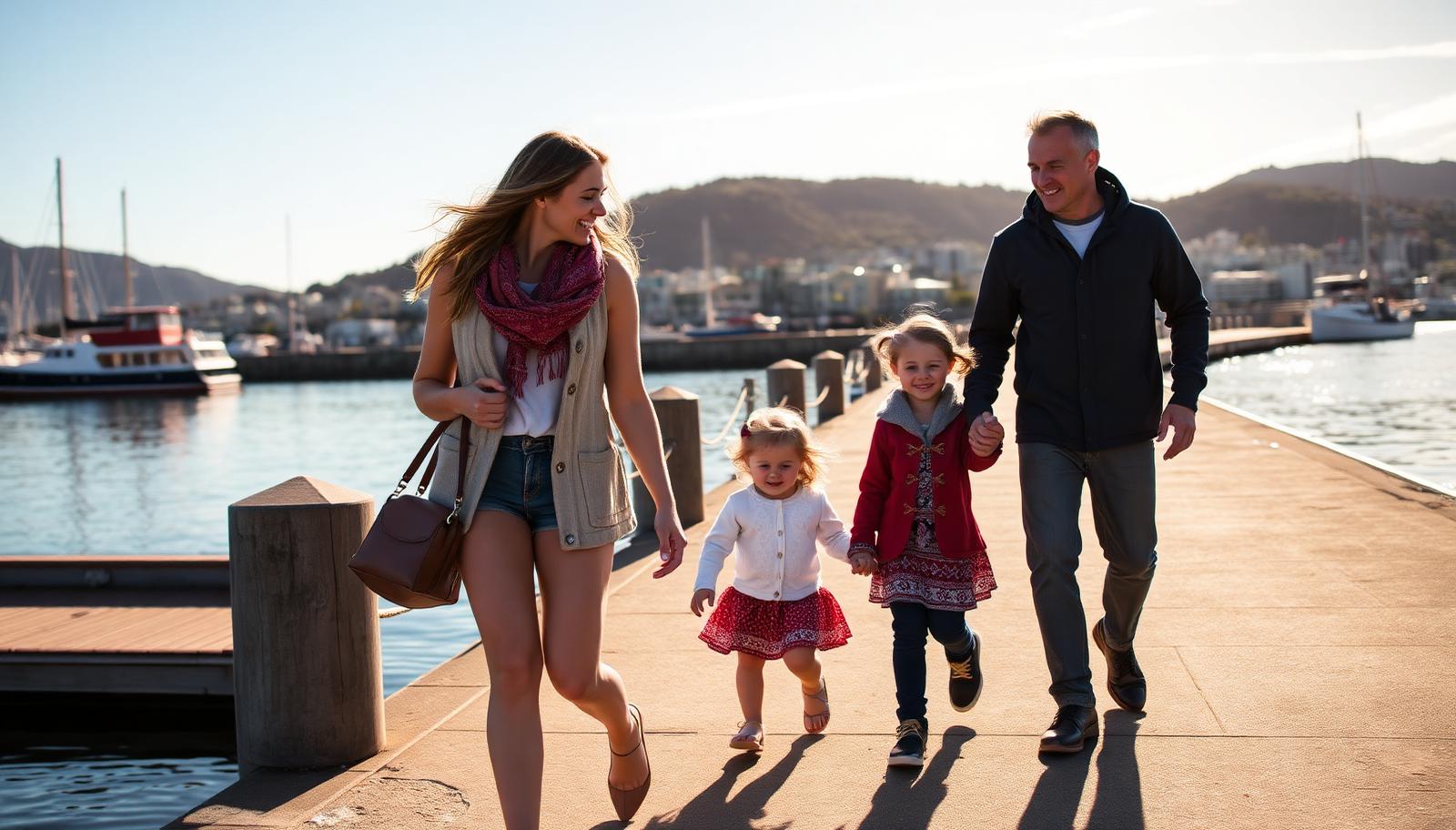 A family walking together along a New Zealand harbour waterfront on a sunny day