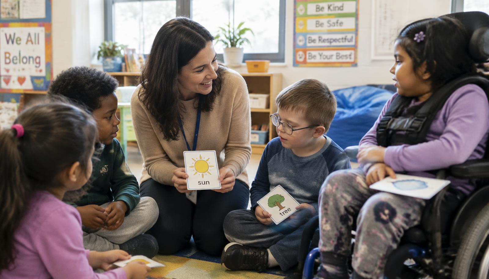 A teacher using picture cards with a small group of children with special needs in a bright classroom