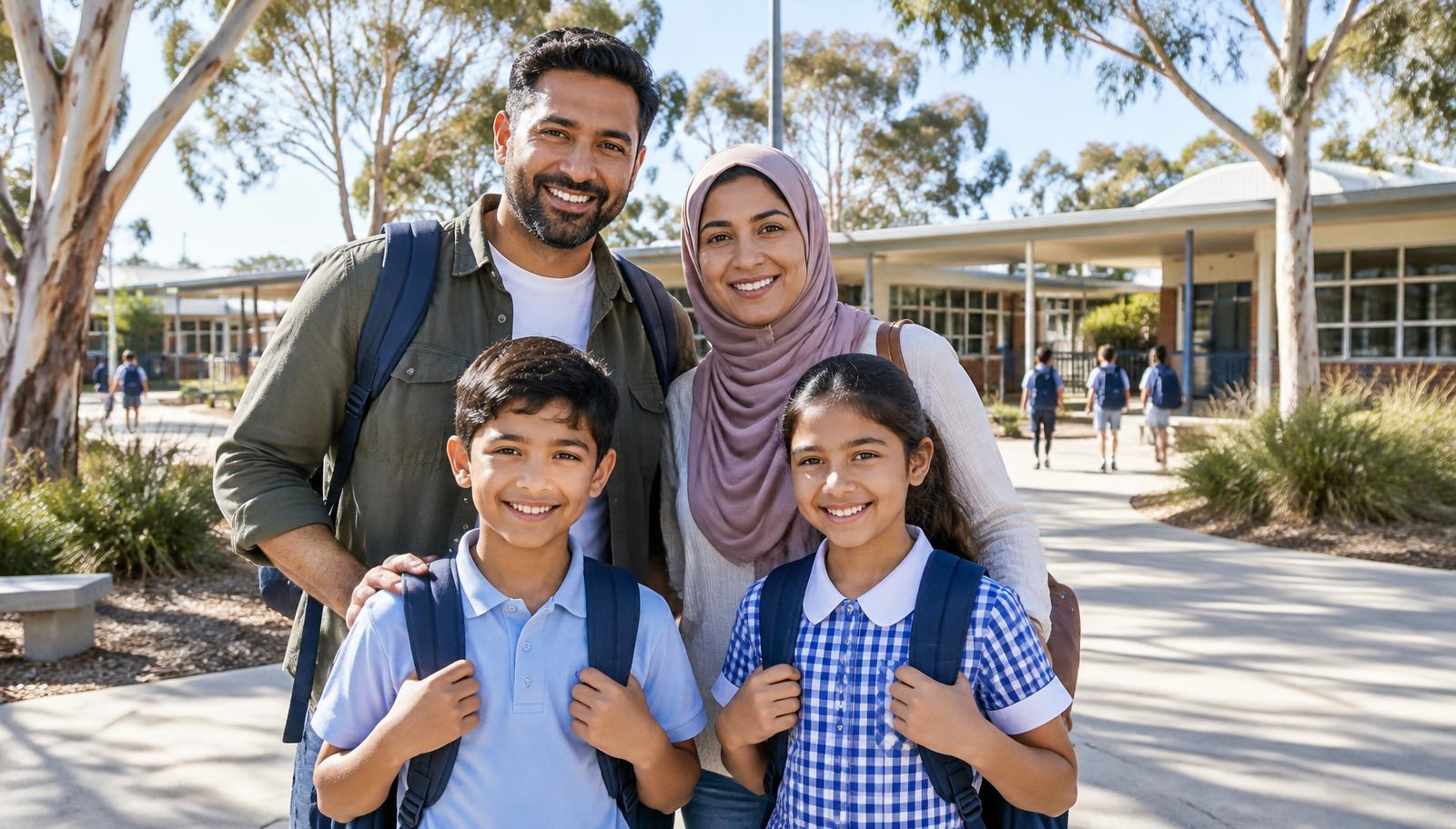 Parents with two schoolchildren outside an Australian school